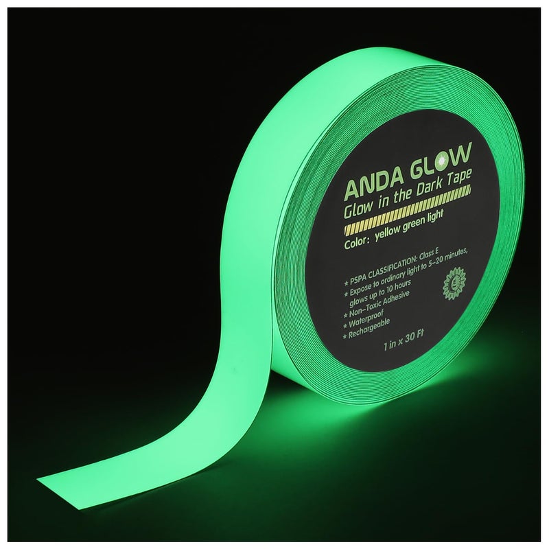 Anda Glow High Brightness Glow in The Dark Tape for Safety Marking, Art Craft DIY, Christmas Deco and Party Accessories. Non-Toxic Adhesive, Waterproof Rechargeable Luminous Tape (1 in X 30 ft) - Image 1